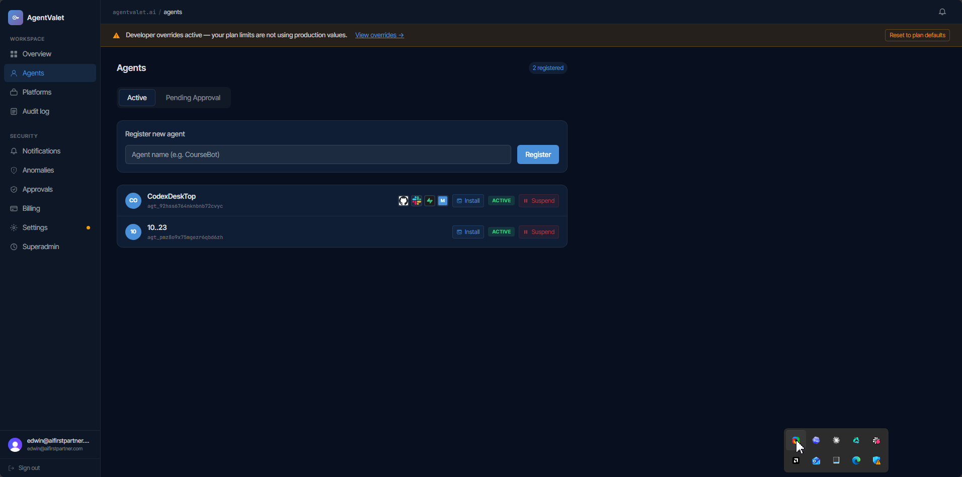 Agents page listing registered AI agents with their identity, status, and scopes