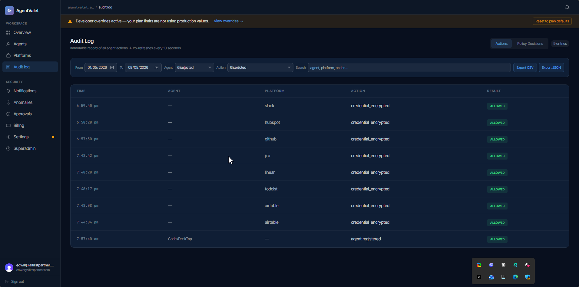 Audit log showing every agent action with timestamp, scope, and outcome
