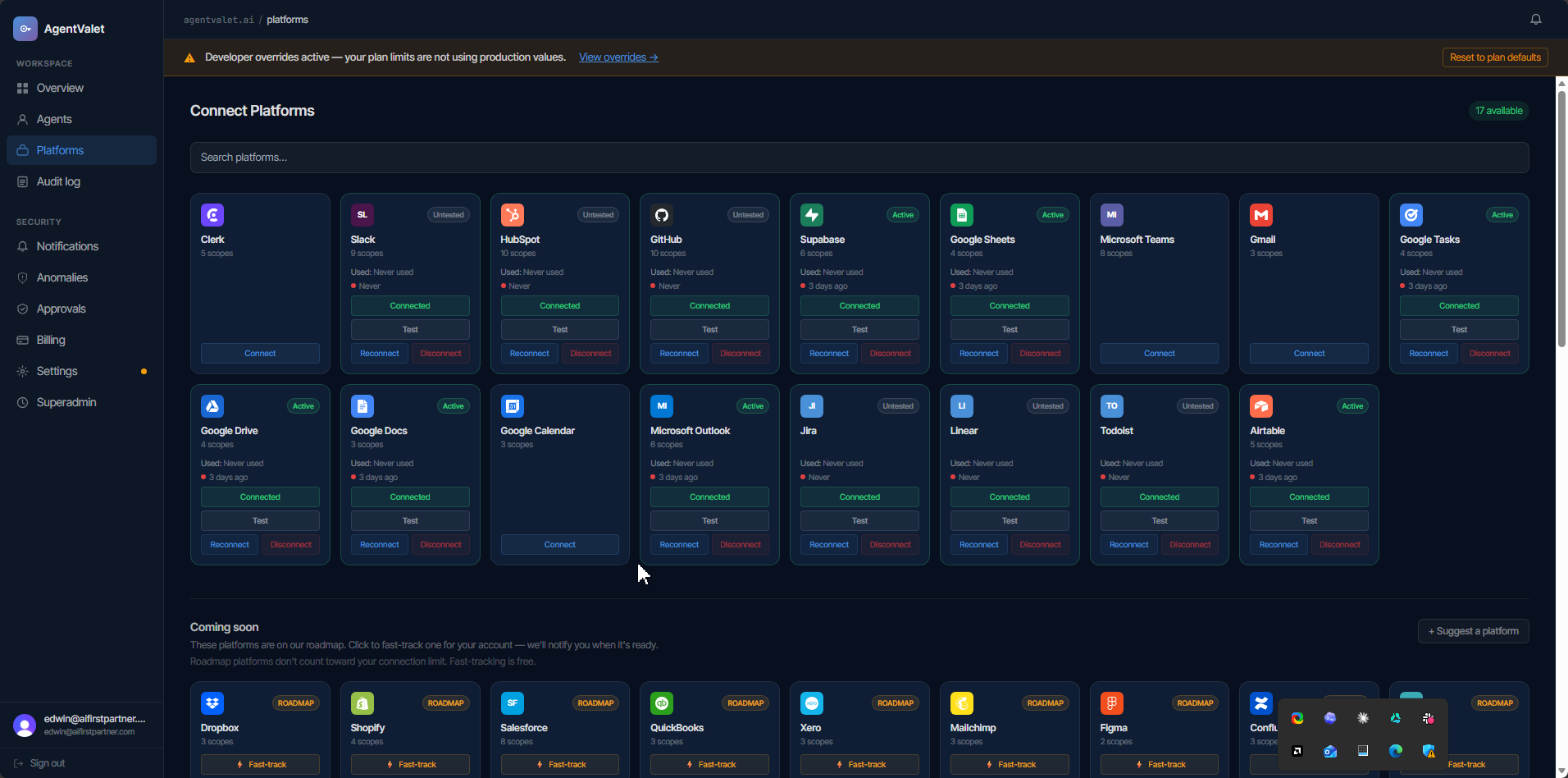 Platforms page showing connected SaaS integrations and OAuth credentials