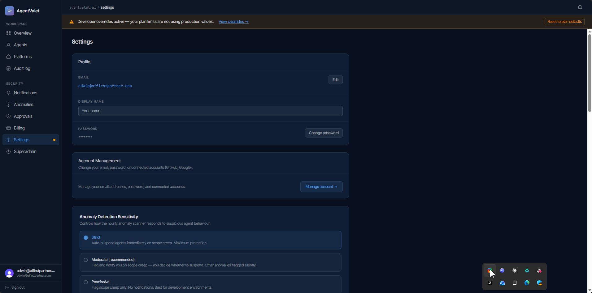 Settings page for owner profile, approval policies, and notification preferences