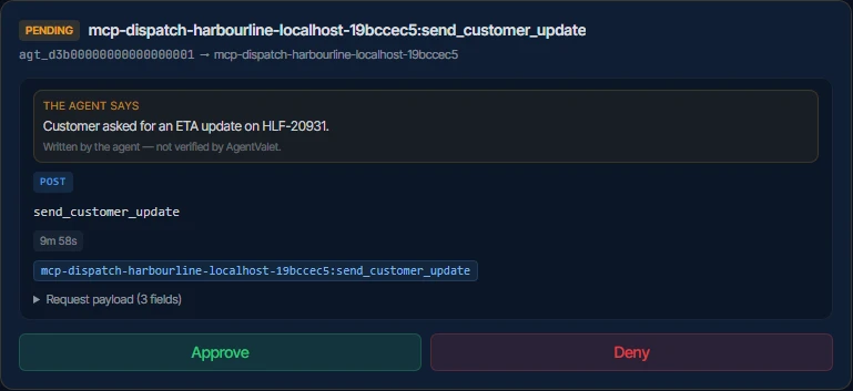 A pending approval for the send customer update tool, with the agent's stated reason and Approve and Deny buttons.