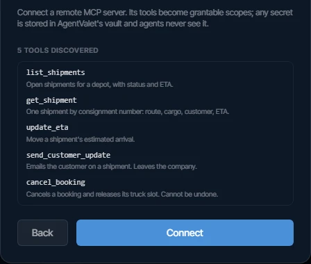 The Add MCP server dialog listing five tools it discovered on a test server, each with its description, and a Connect button.